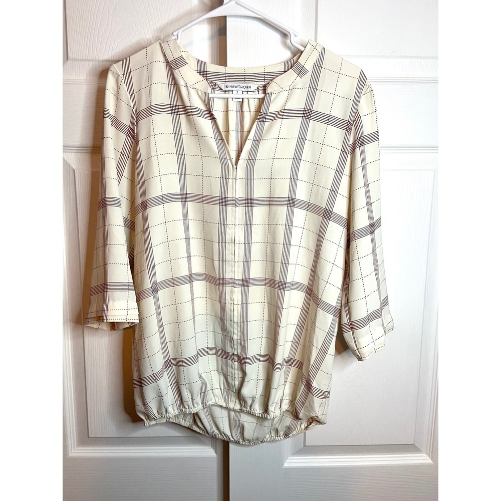 41 Hawthorn Ivory Burgundy Grid Blouse Split Neck 3/4 Sleeve Bubble Hem Office